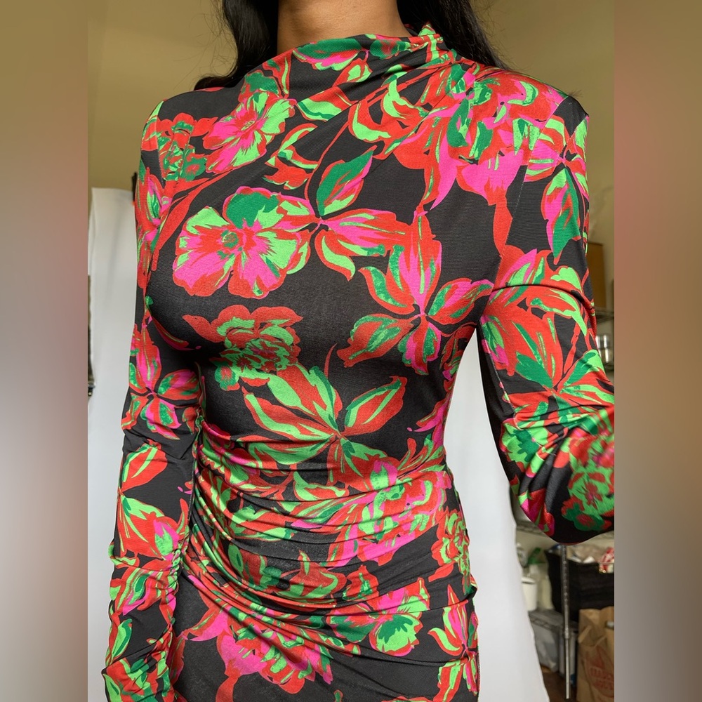 Valentines Day Zara Black and Pink Floral Long Sleeve Dress